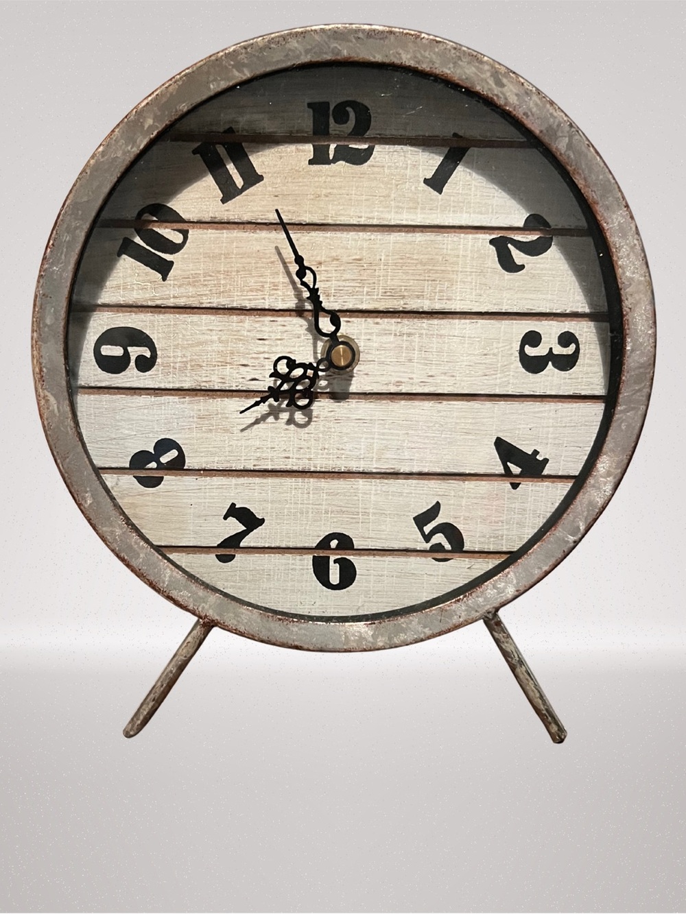 Rustic Farmhouse Table Clock Round Metal Wood Look Battery Operated
